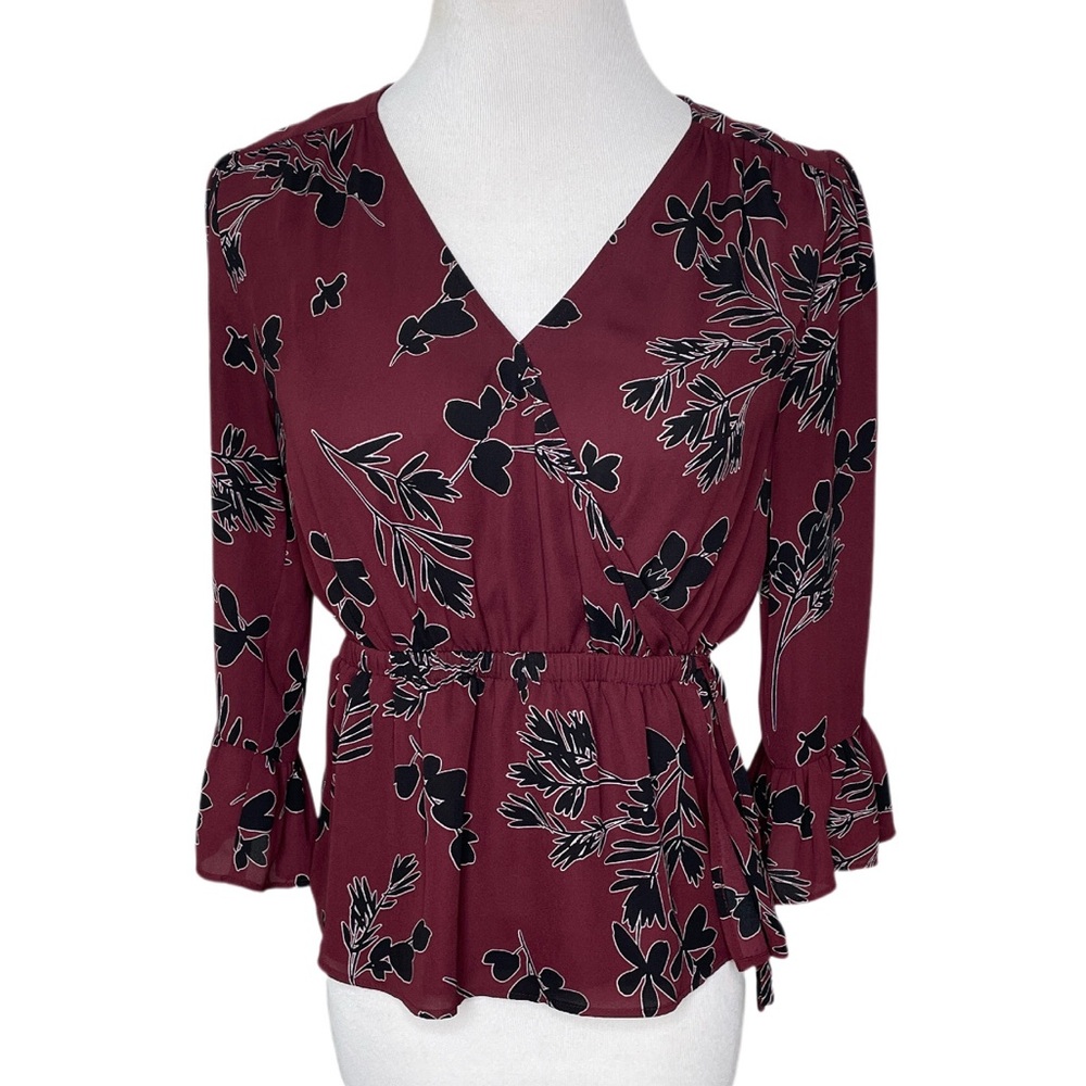 Ann Taylor Factory Petite Floral Print Faux Wrap Peplum Blouse